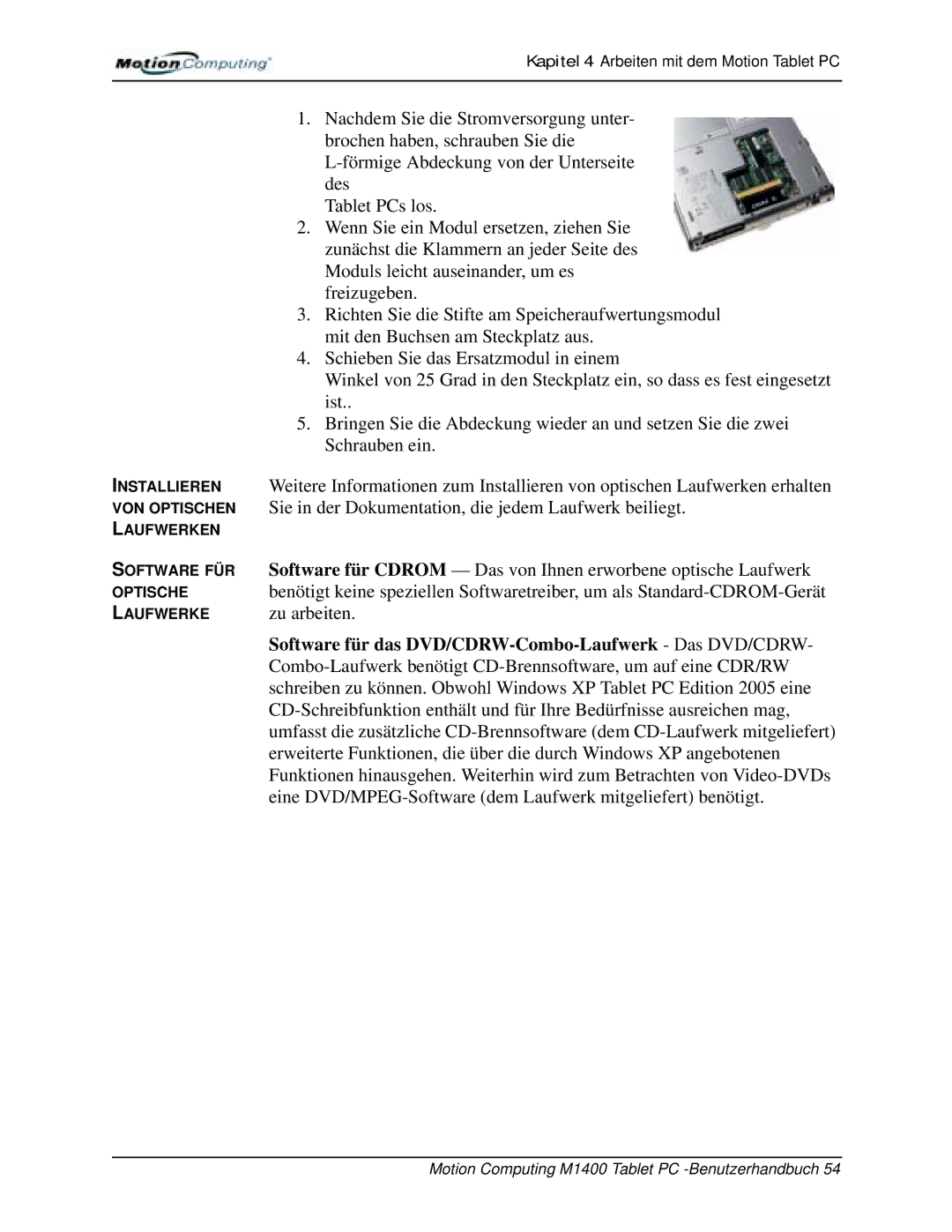 Motion Computing M1400 manual Software für das DVD/CDRW-Combo-Laufwerk Das DVD/CDRW 