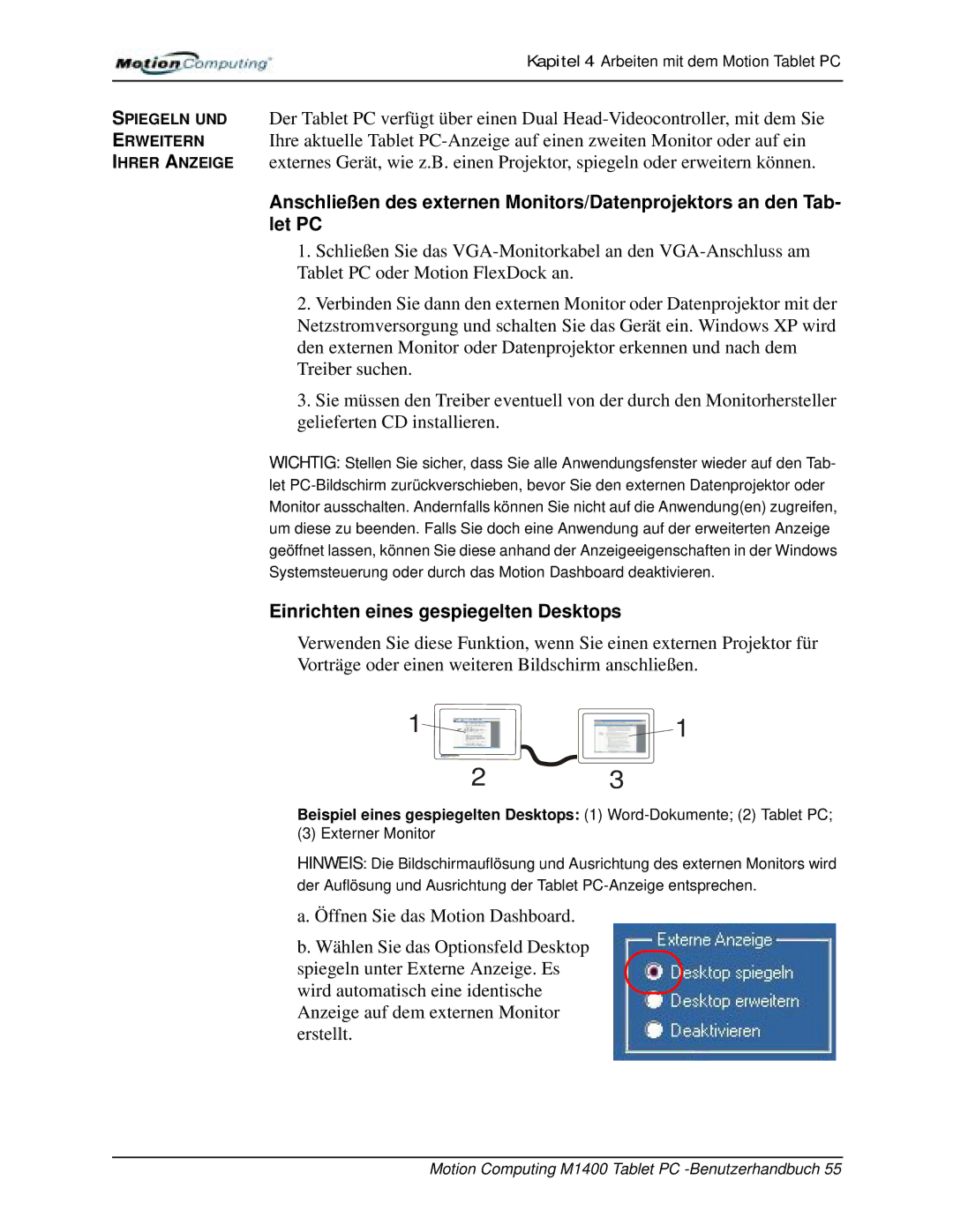 Motion Computing M1400 manual Einrichten eines gespiegelten Desktops 