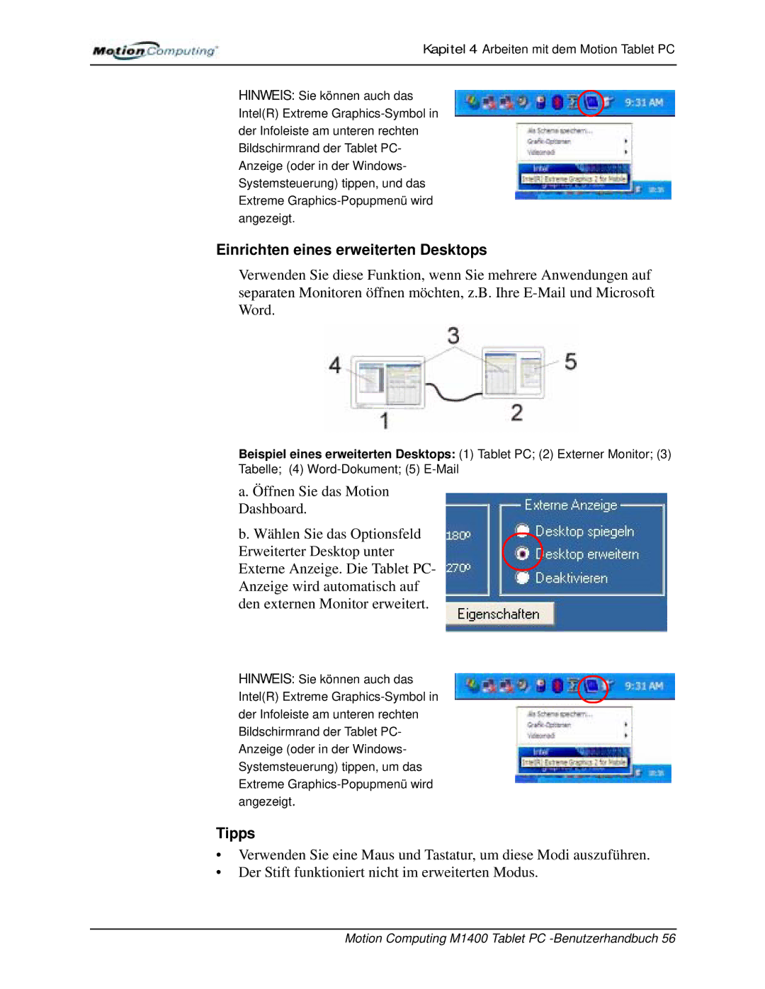 Motion Computing M1400 manual Einrichten eines erweiterten Desktops, Tipps 