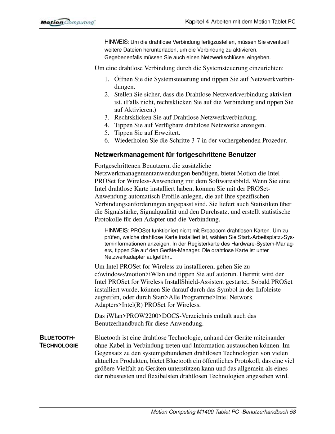 Motion Computing M1400 manual Netzwerkmanagement für fortgeschrittene Benutzer 