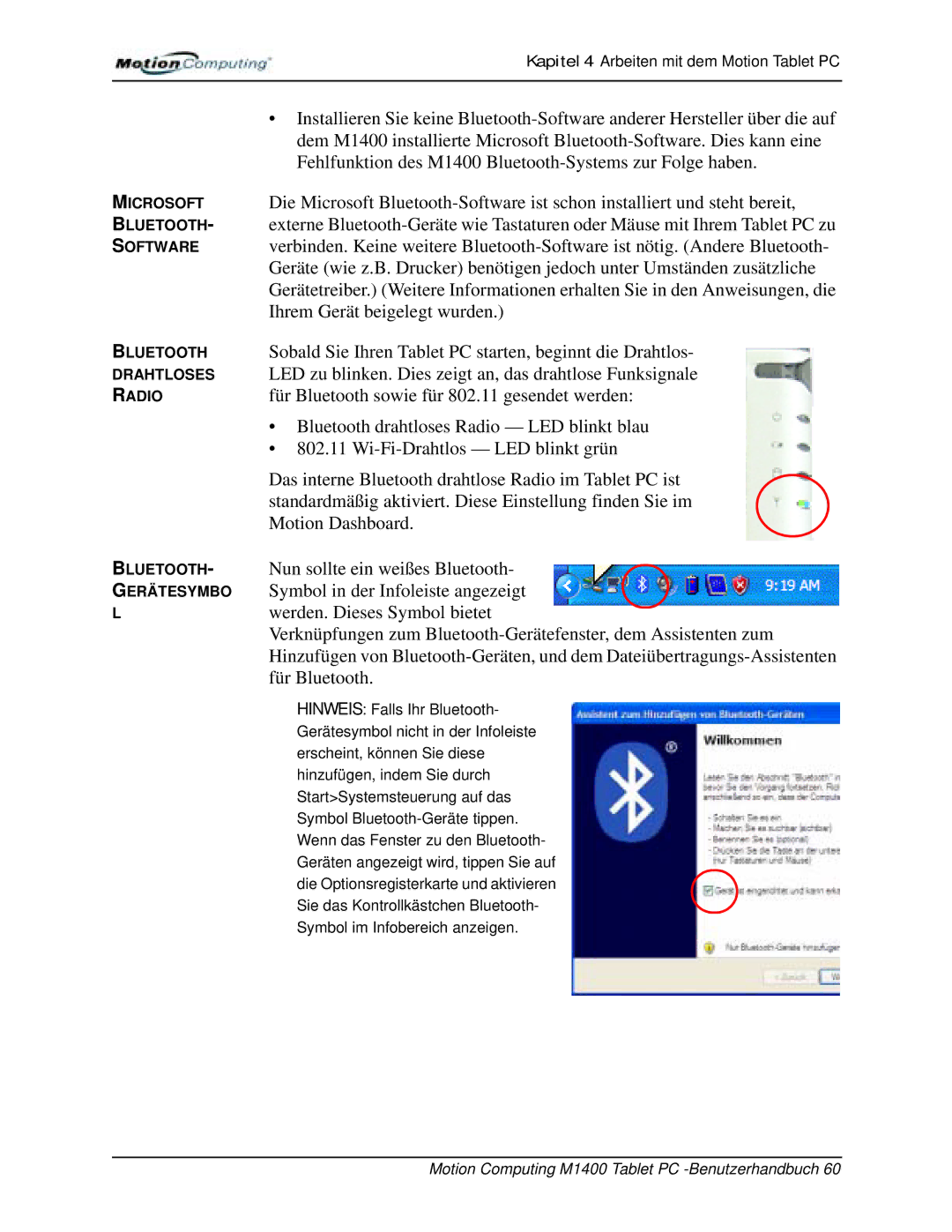 Motion Computing M1400 Hinweis Falls Ihr Bluetooth, Gerätesymbol nicht in der Infoleiste, Erscheint, können Sie diese 