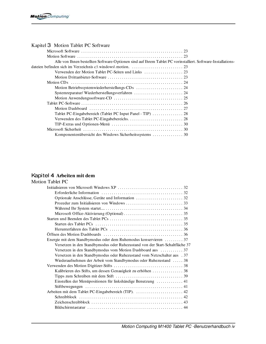 Motion Computing M1400 manual Kapitel 4 Arbeiten mit dem 