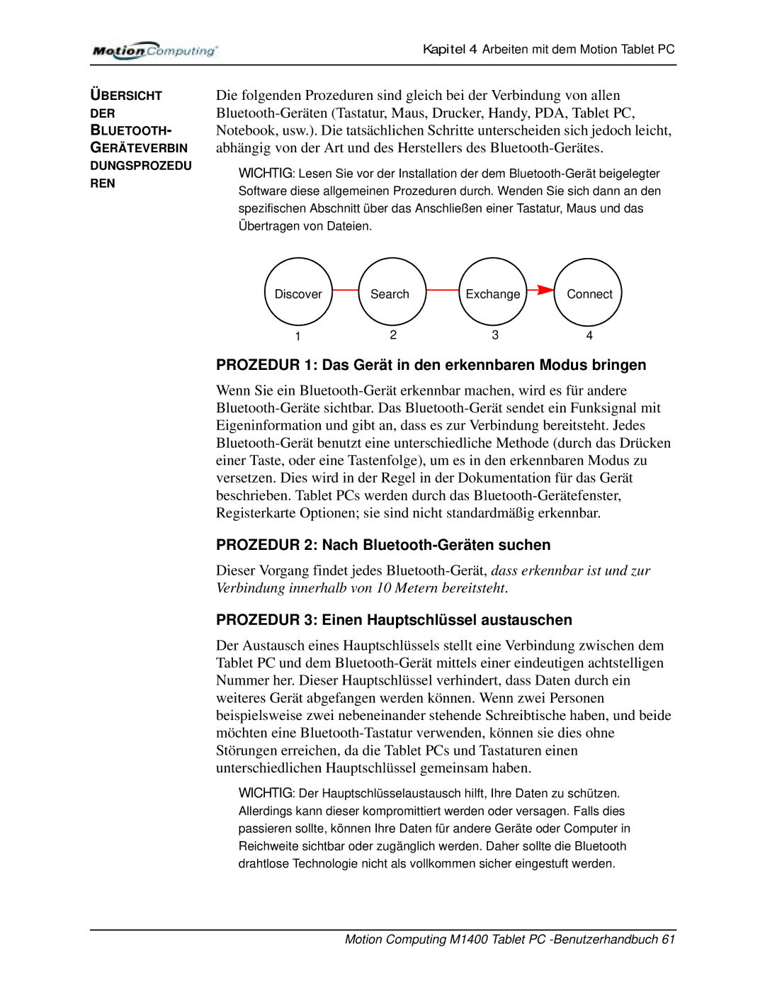 Motion Computing M1400 Prozedur 1 Das Gerät in den erkennbaren Modus bringen, Prozedur 2 Nach Bluetooth-Geräten suchen 