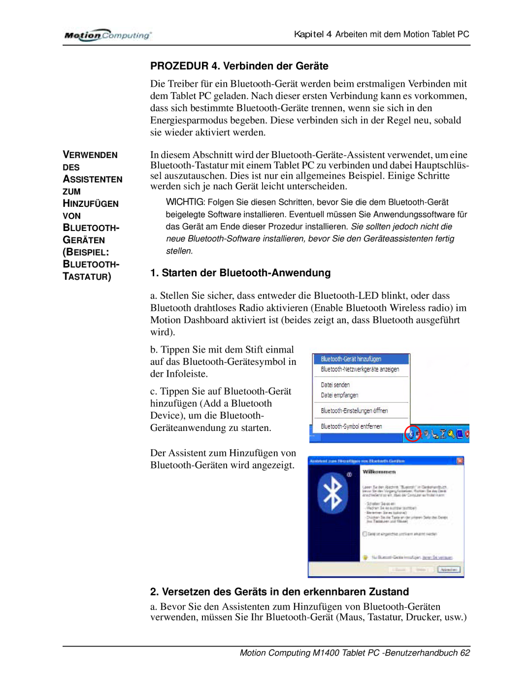 Motion Computing M1400 manual Prozedur 4. Verbinden der Geräte, Starten der Bluetooth-Anwendung 