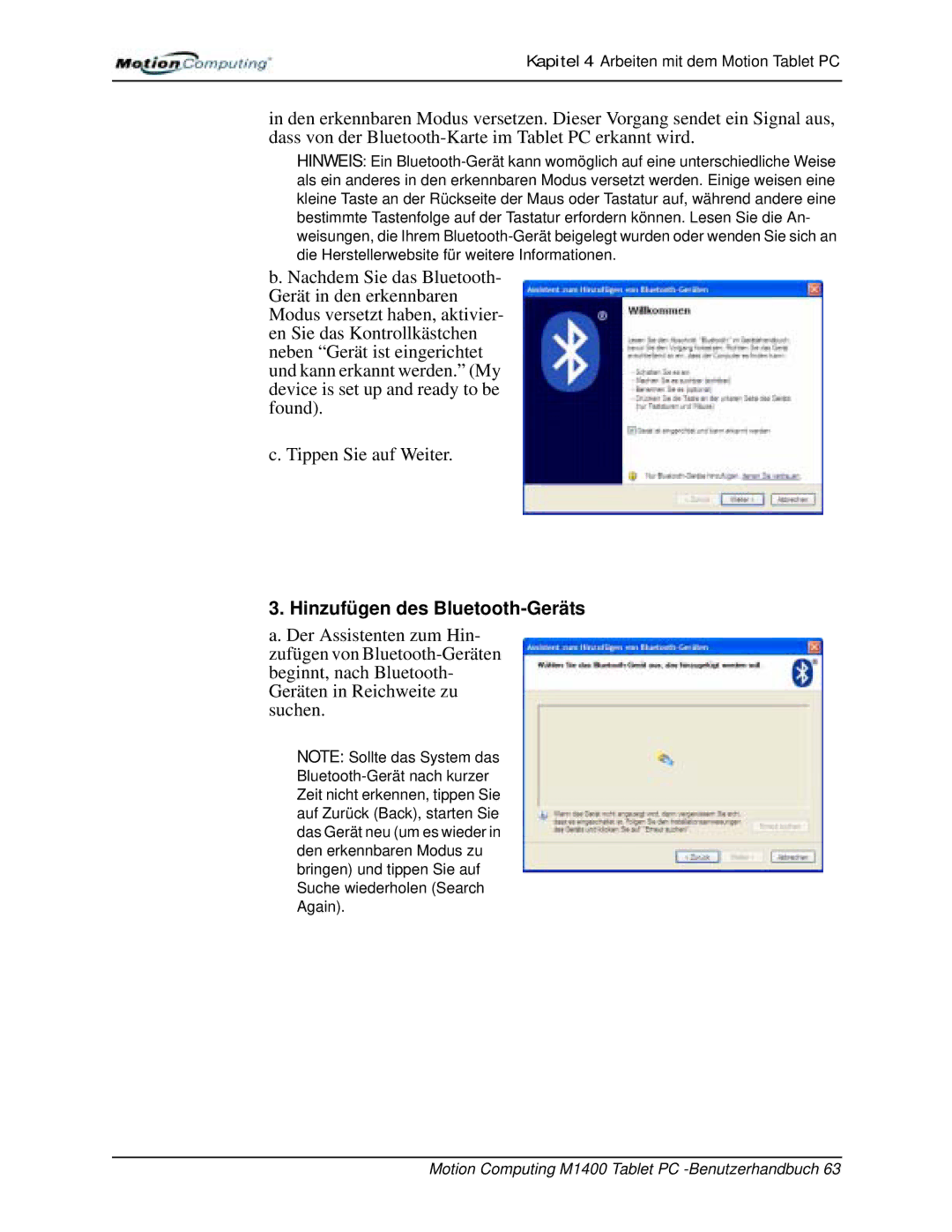 Motion Computing M1400 manual Hinzufügen des Bluetooth-Geräts 