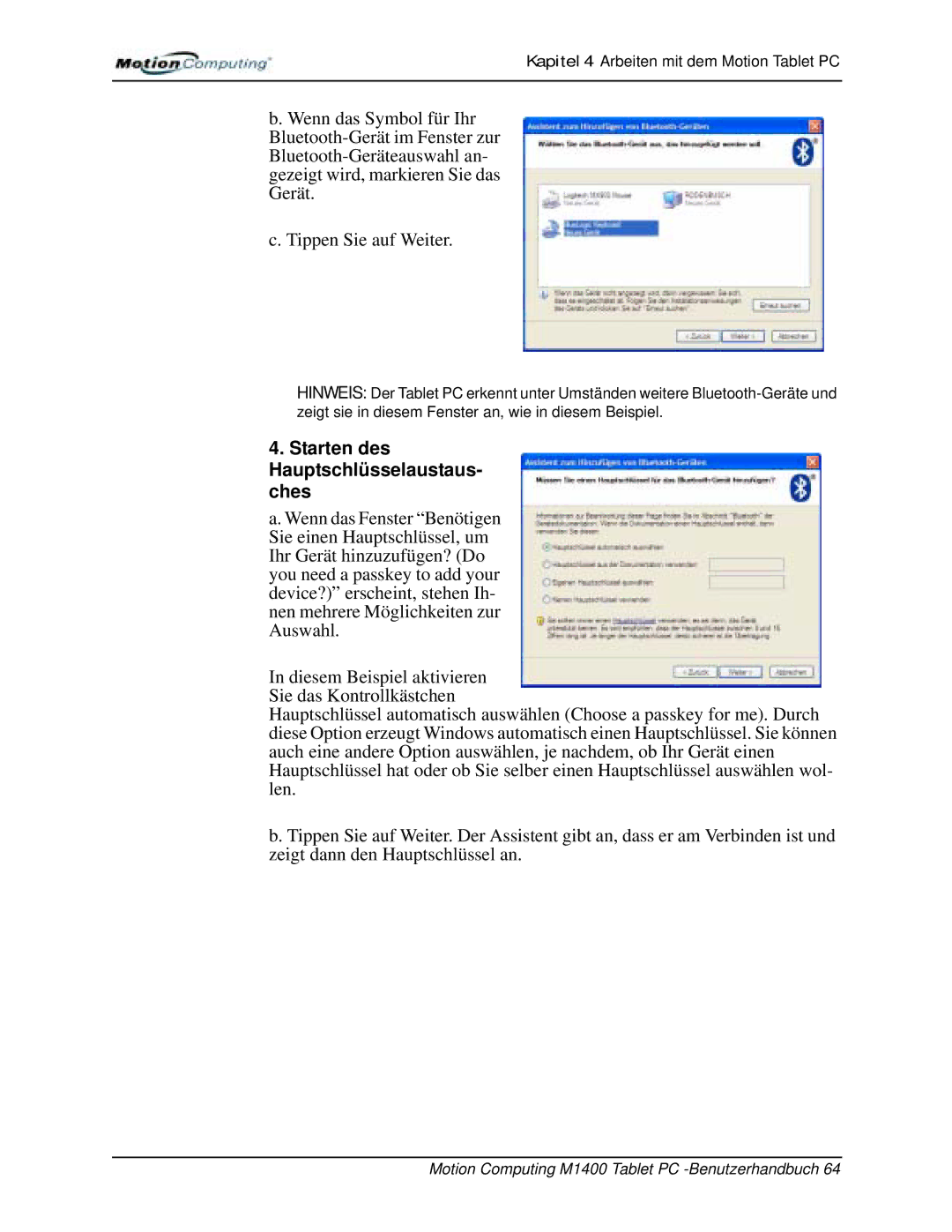 Motion Computing M1400 manual Starten des Hauptschlüsselaustaus- ches 