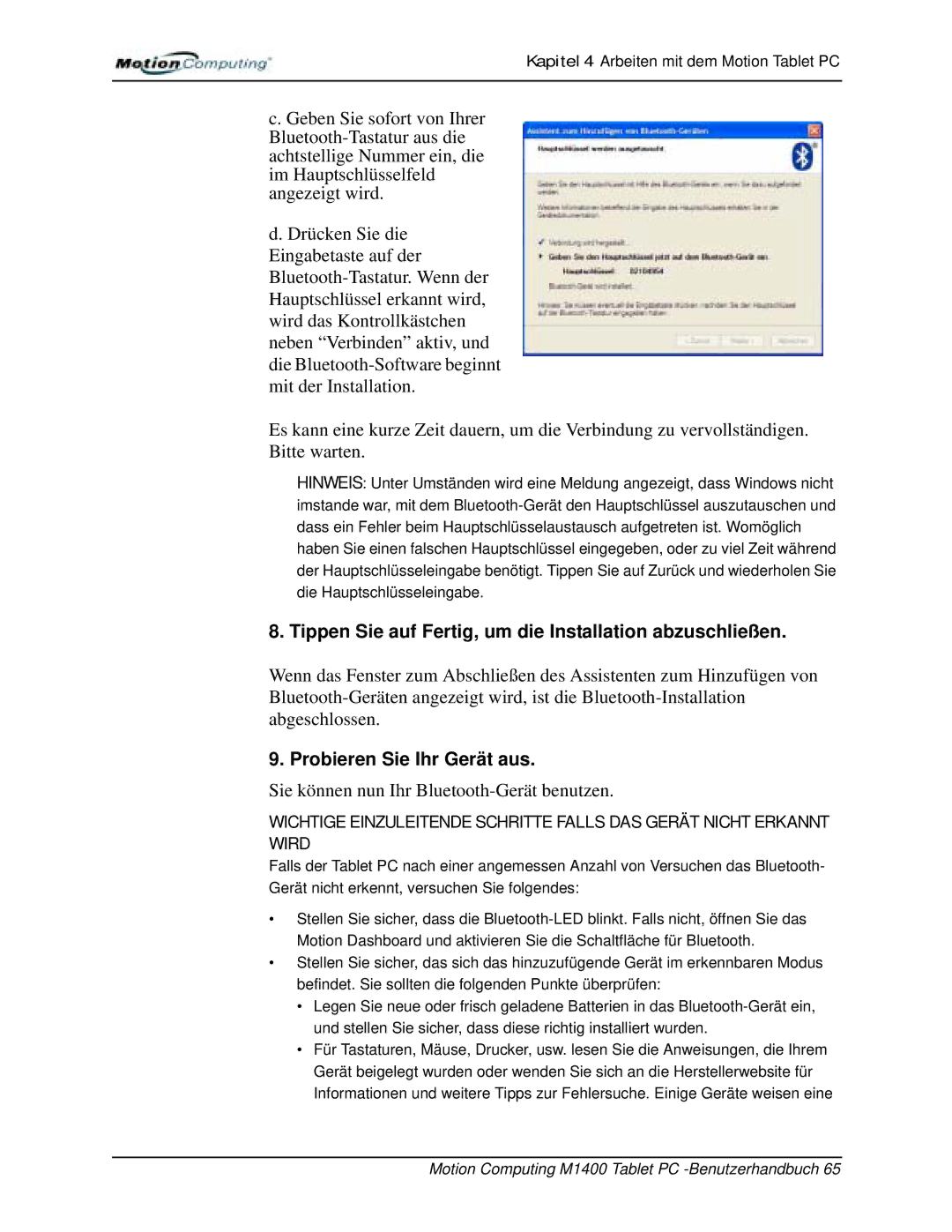 Motion Computing M1400 manual Tippen Sie auf Fertig, um die Installation abzuschließen, Probieren Sie Ihr Gerät aus 