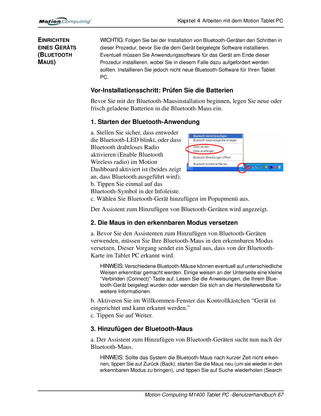 Motion Computing M1400 Vor-Installationsschritt Prüfen Sie die Batterien, Die Maus in den erkennbaren Modus versetzen 