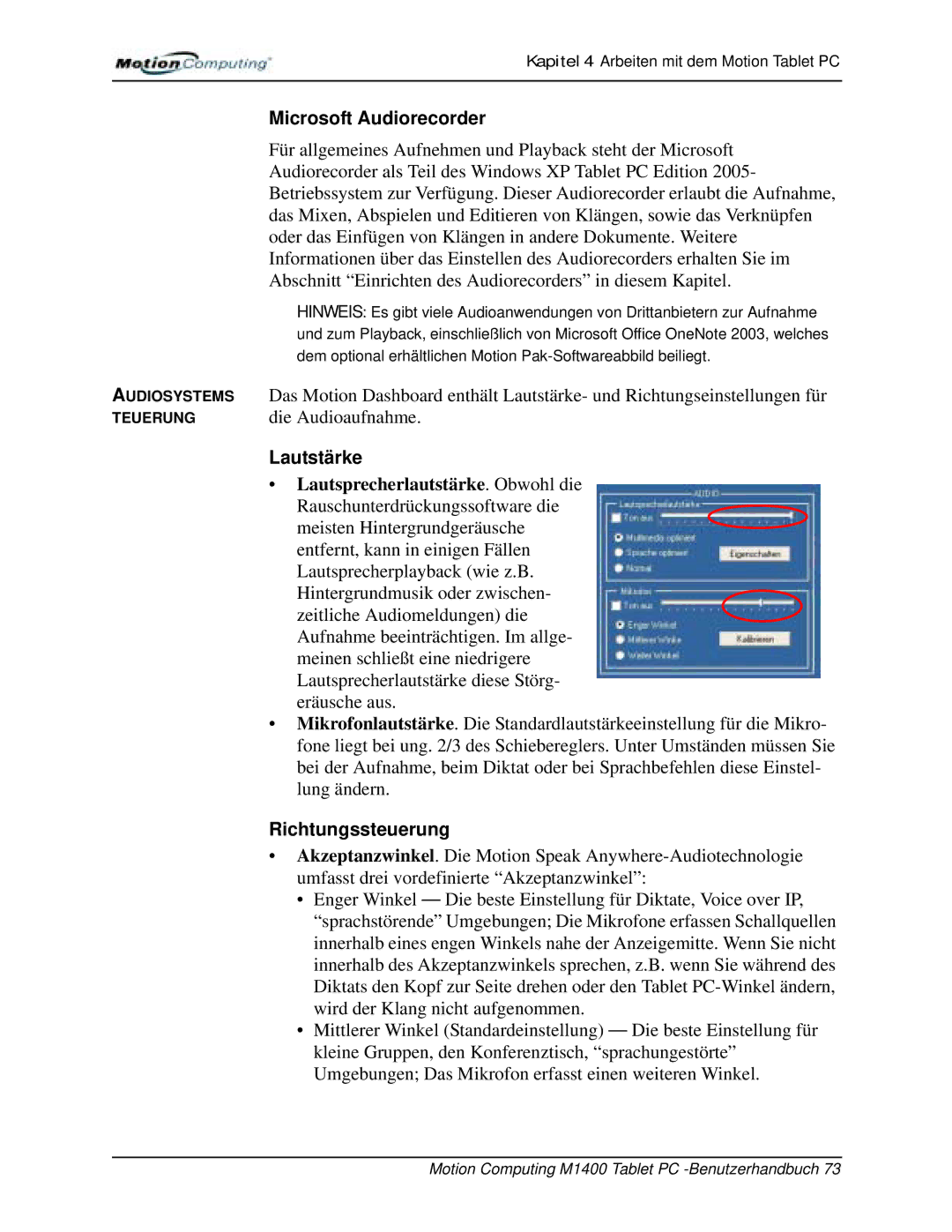 Motion Computing M1400 manual Microsoft Audiorecorder, Lautstärke, Richtungssteuerung 