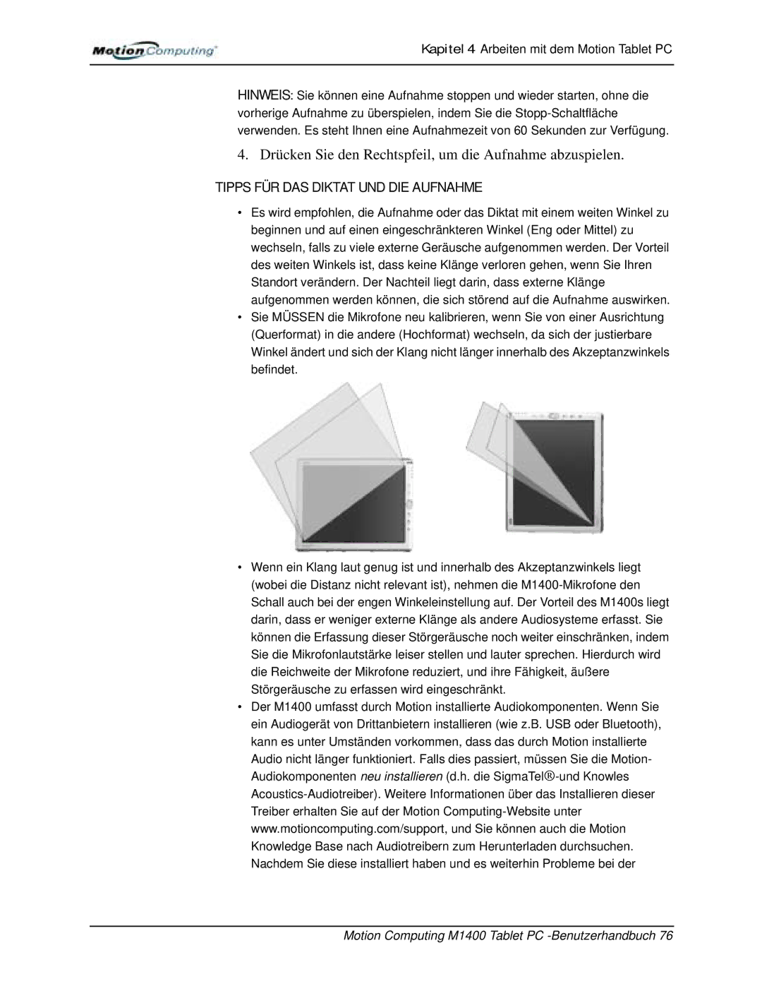 Motion Computing M1400 manual Tipps FÜR DAS Diktat UND DIE Aufnahme 