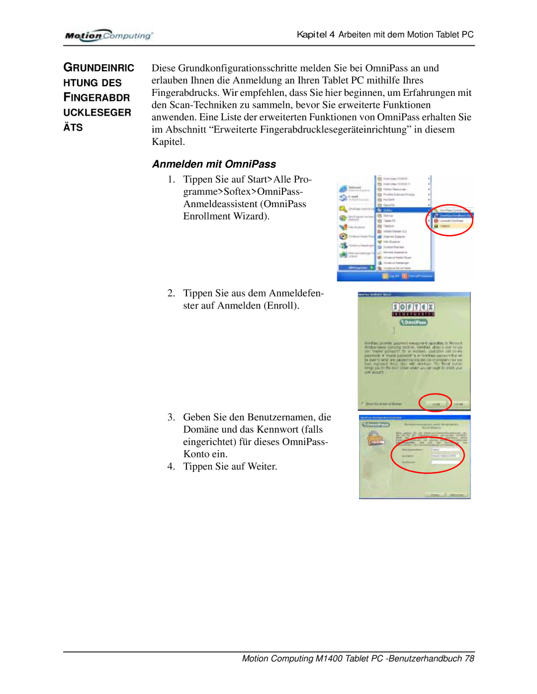 Motion Computing M1400 manual Anmelden mit OmniPass 