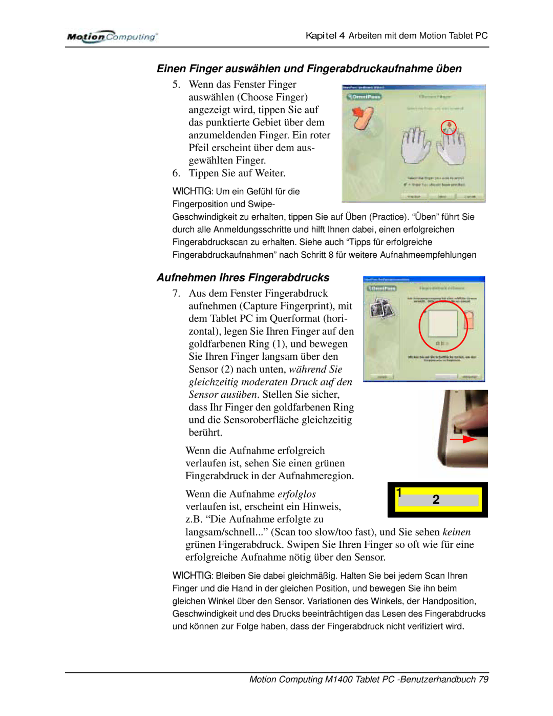 Motion Computing M1400 manual Einen Finger auswählen und Fingerabdruckaufnahme üben 