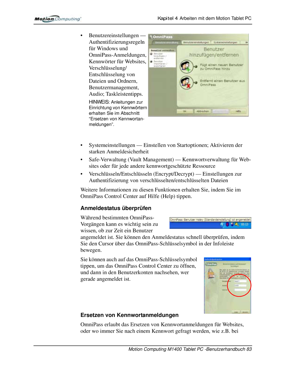 Motion Computing M1400 manual Anmeldestatus überprüfen, Ersetzen von Kennwortanmeldungen 