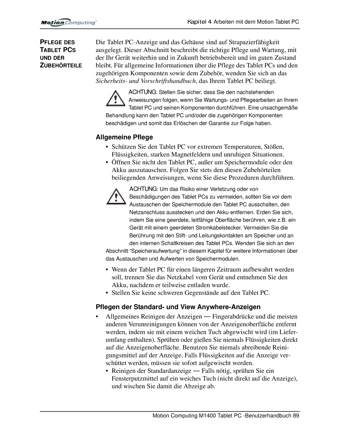 Motion Computing M1400 manual Allgemeine Pflege, Pflegen der Standard- und View Anywhere-Anzeigen 