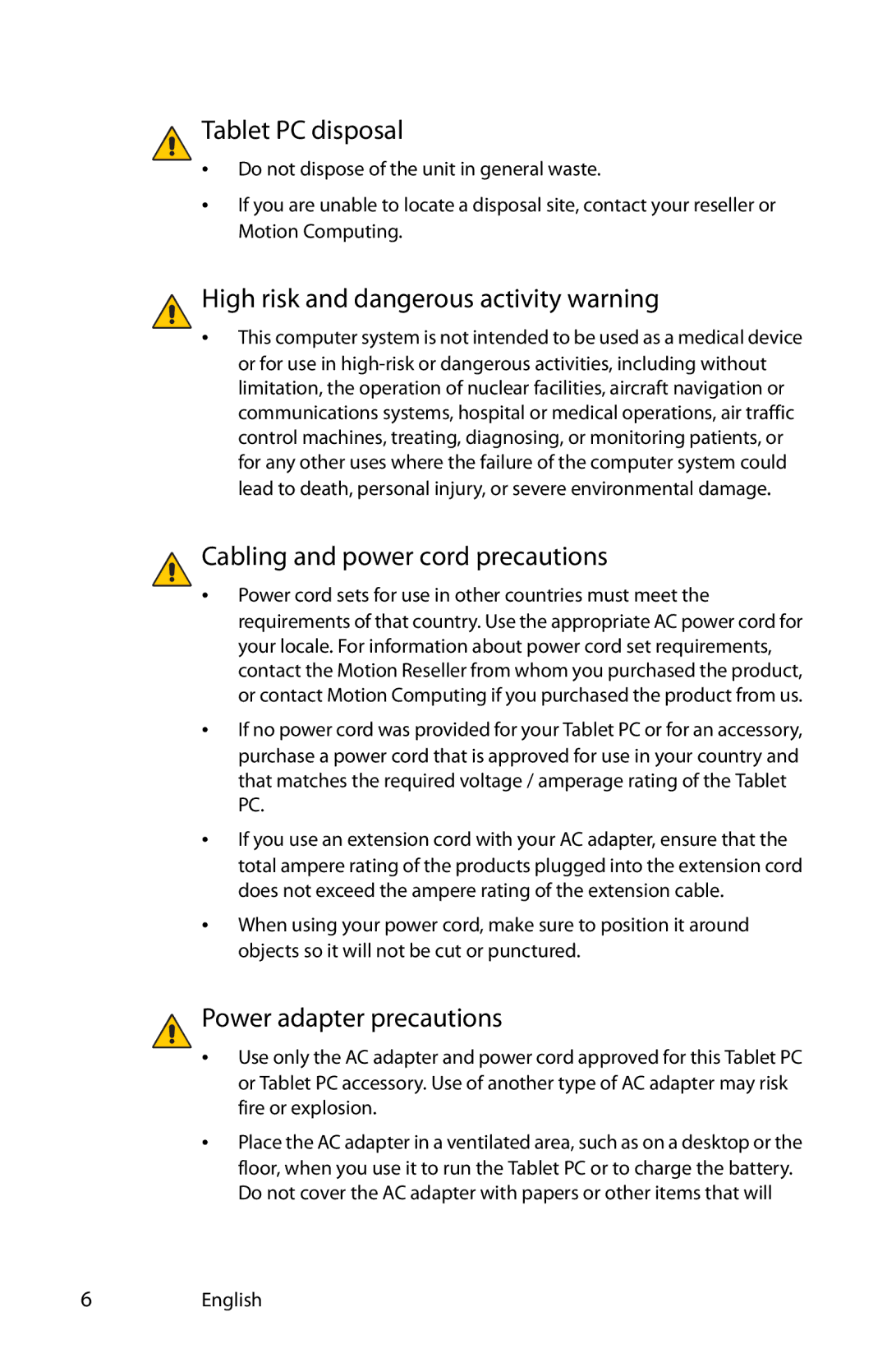 Motion Computing T008 Tablet PC disposal, High risk and dangerous activity warning, Cabling and power cord precautions 