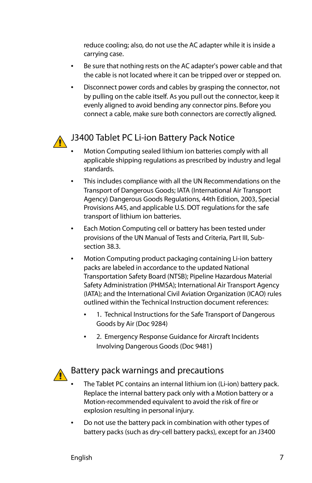 Motion Computing MKB005, MDC001, T008 J3400 Tablet PC Li-ion Battery Pack Notice, Battery pack warnings and precautions 