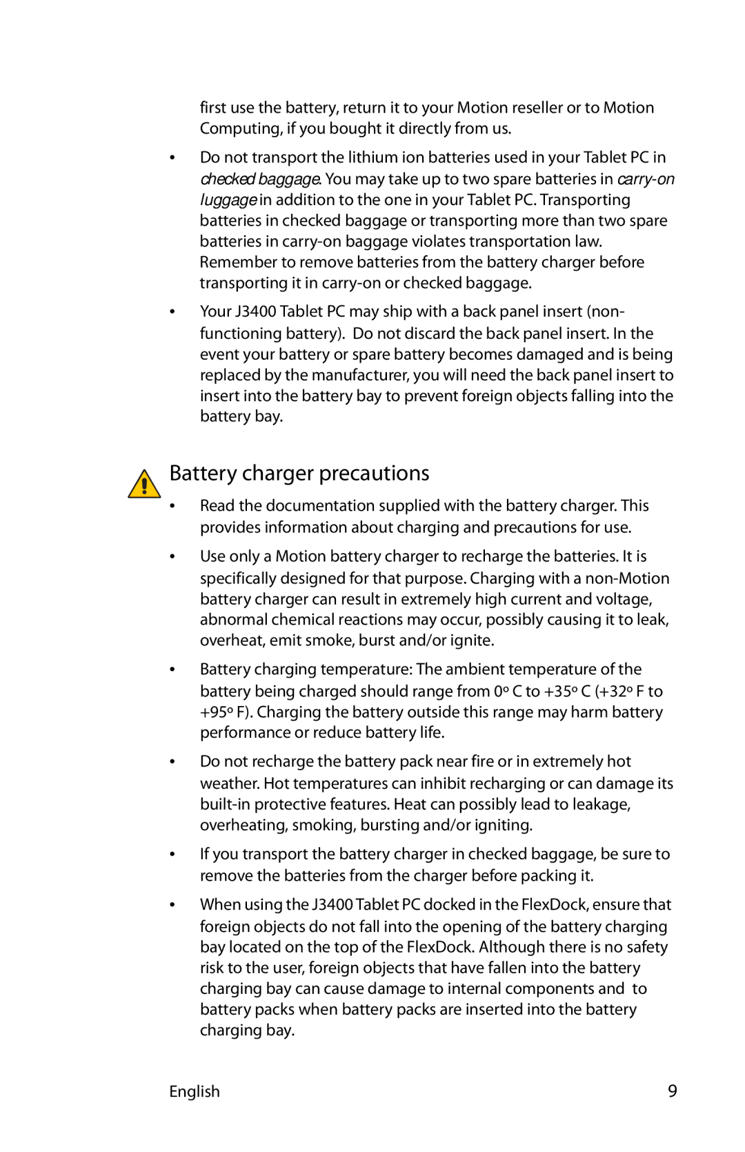 Motion Computing T008, MKB005, MDC001 manual Battery charger precautions 