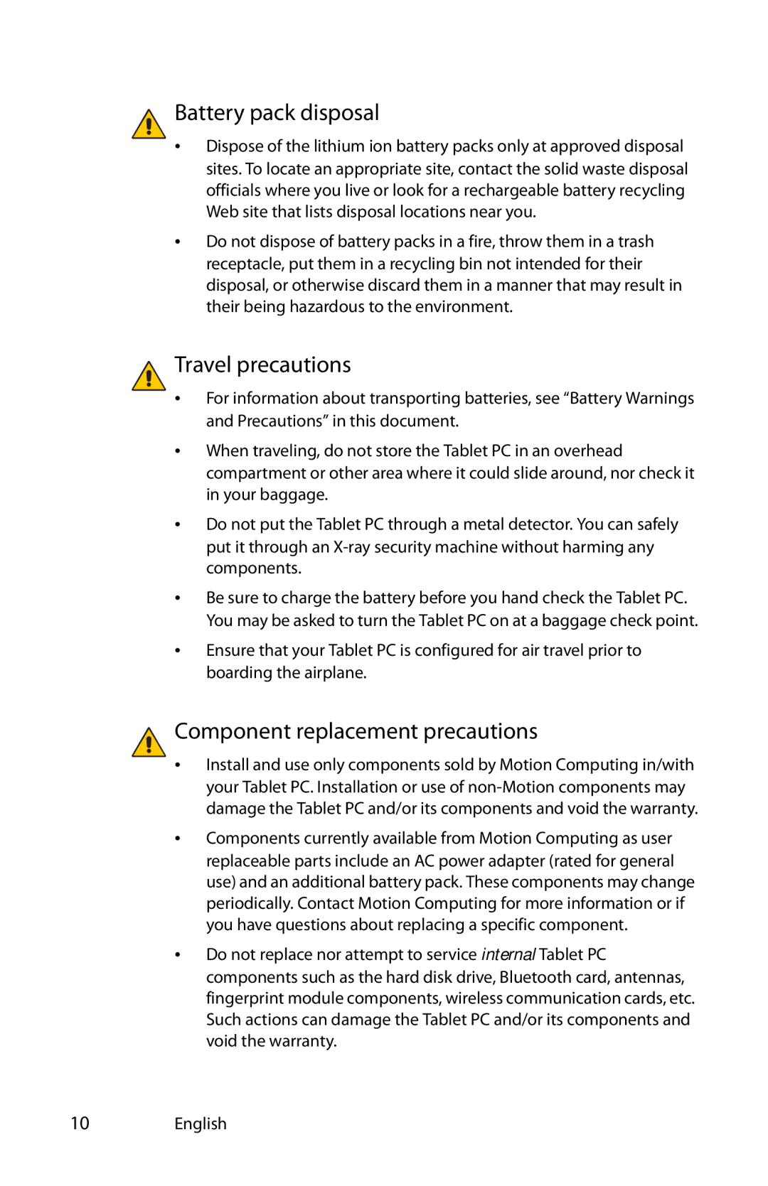 Motion Computing MKB005, MDC001, T008 manual Battery pack disposal, Travel precautions, Component replacement precautions 