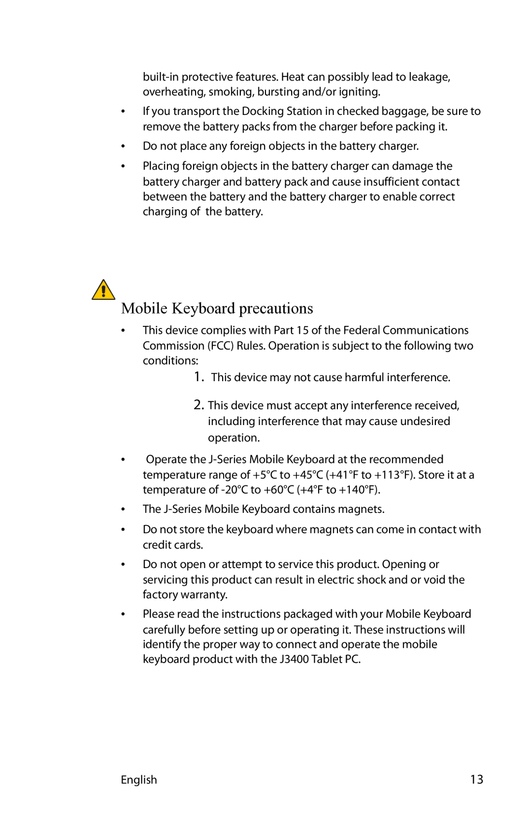 Motion Computing MKB005, MDC001, T008 manual Mobile Keyboard precautions 