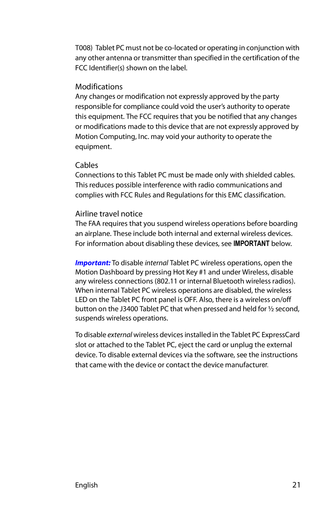 Motion Computing T008, MKB005, MDC001 manual Modifications, Cables, Airline travel notice 