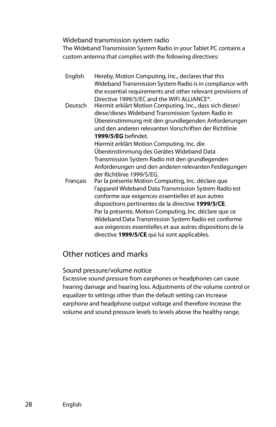 Motion Computing MKB005, MDC001 Other notices and marks, Wideband transmission system radio, Sound pressure/volume notice 