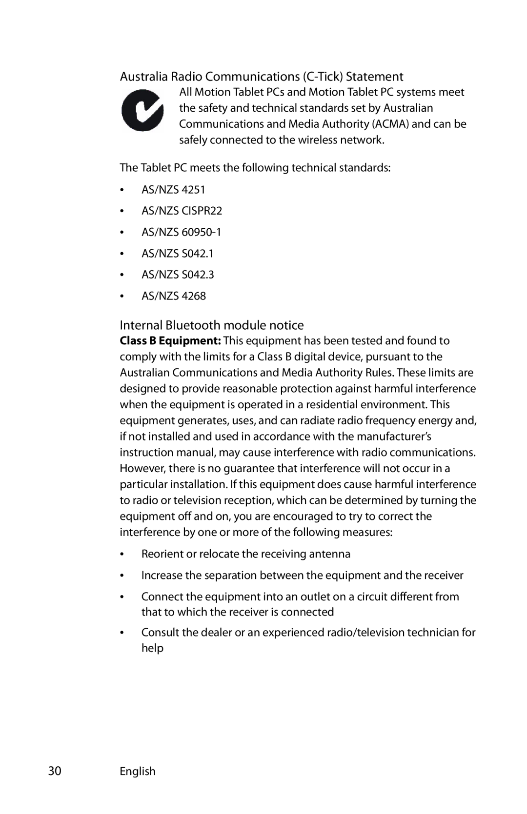 Motion Computing T008, MKB005, MDC001 Australia Radio Communications C-Tick Statement, Internal Bluetooth module notice 