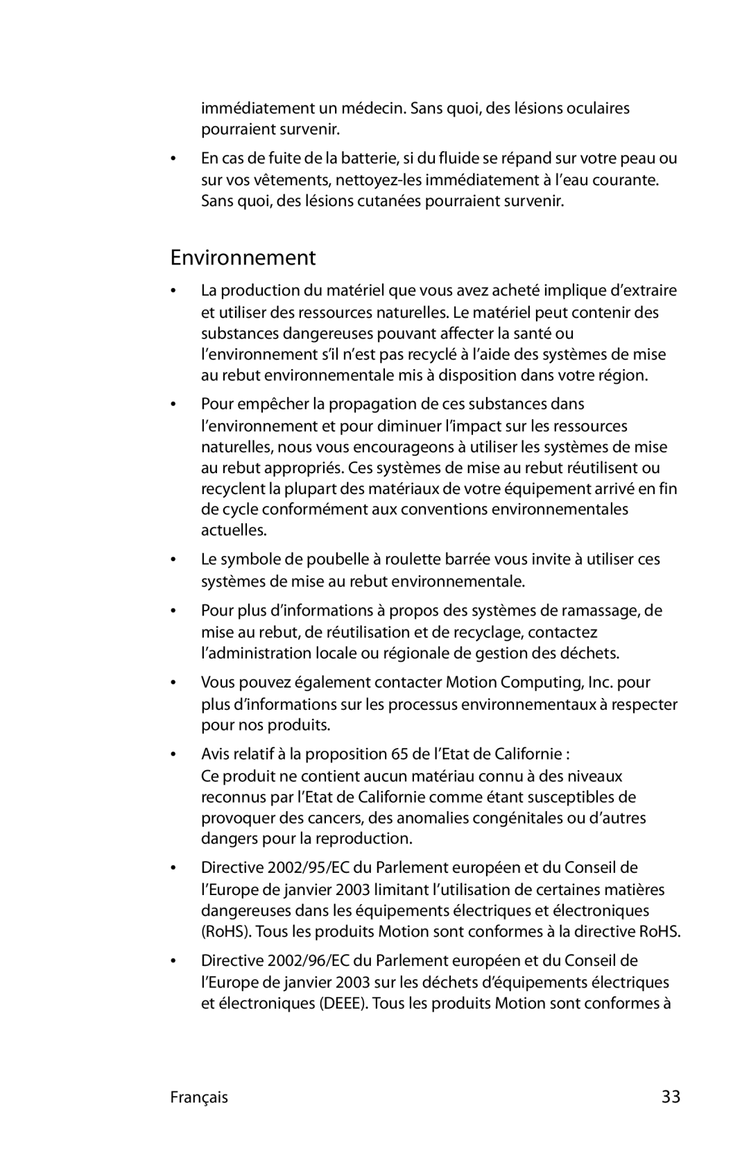 Motion Computing MDC001, MKB005, T008 manual Environnement 