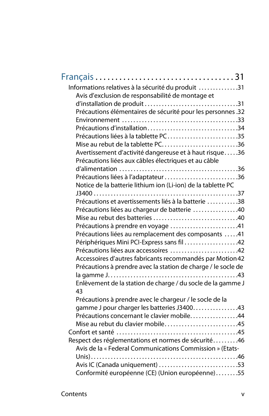 Motion Computing T008, MKB005, MDC001 manual Français, Contents 