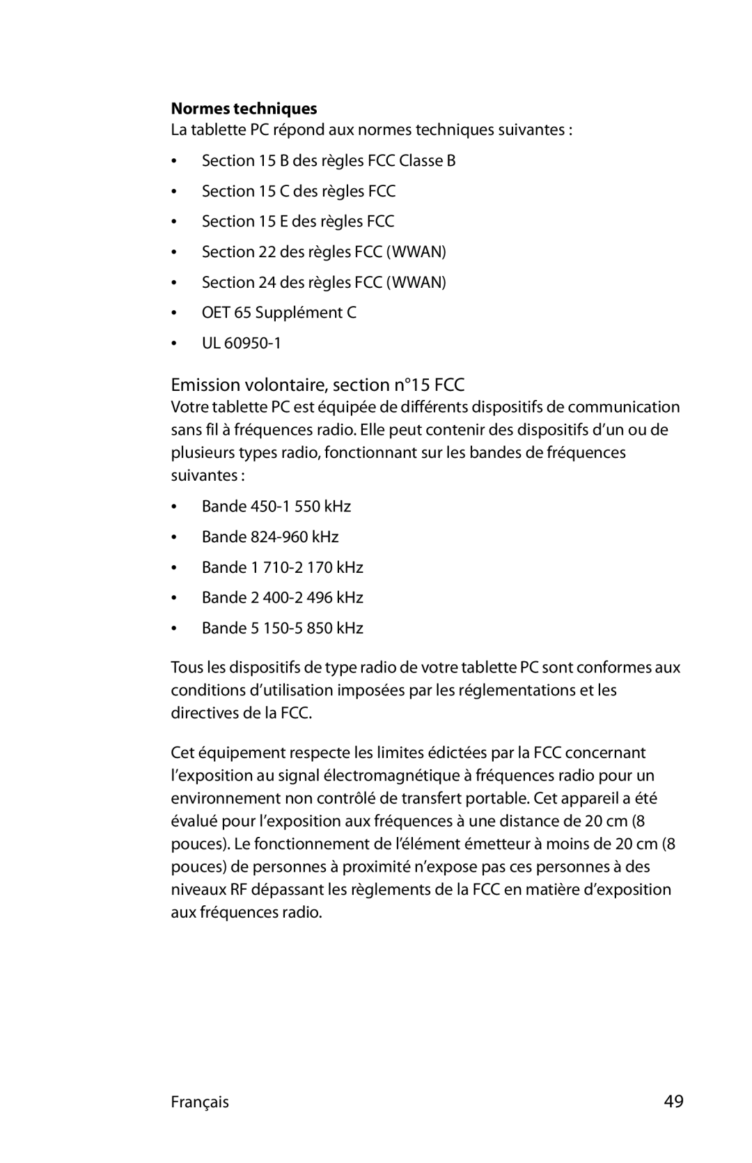 Motion Computing T008, MKB005, MDC001 manual Emission volontaire, section n15 FCC, Normes techniques 