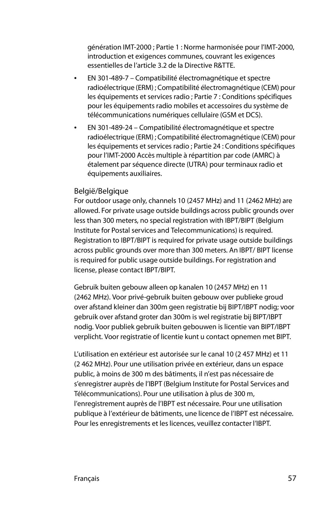 Motion Computing MDC001, MKB005, T008 manual België/Belgique, Gebruik buiten gebouw alleen op kanalen 10 2457 MHz en 