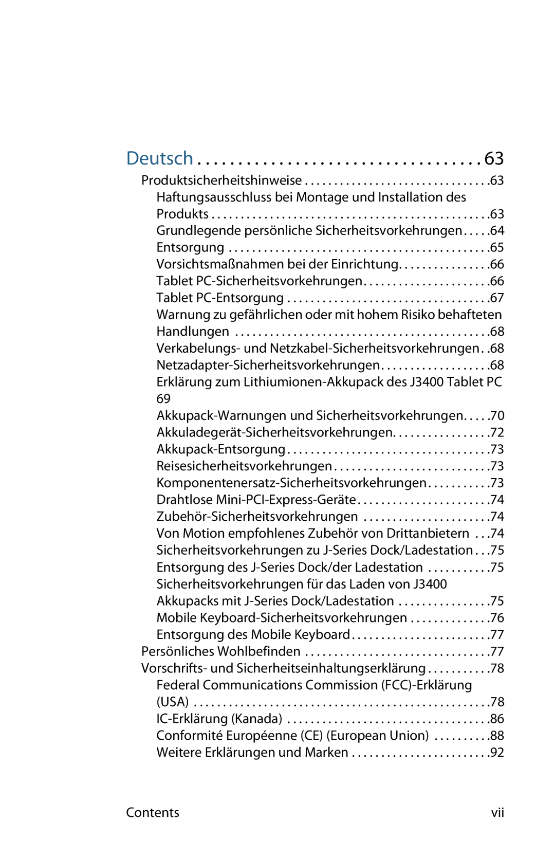 Motion Computing MDC001, MKB005, T008 manual Deutsch, Contents Vii 