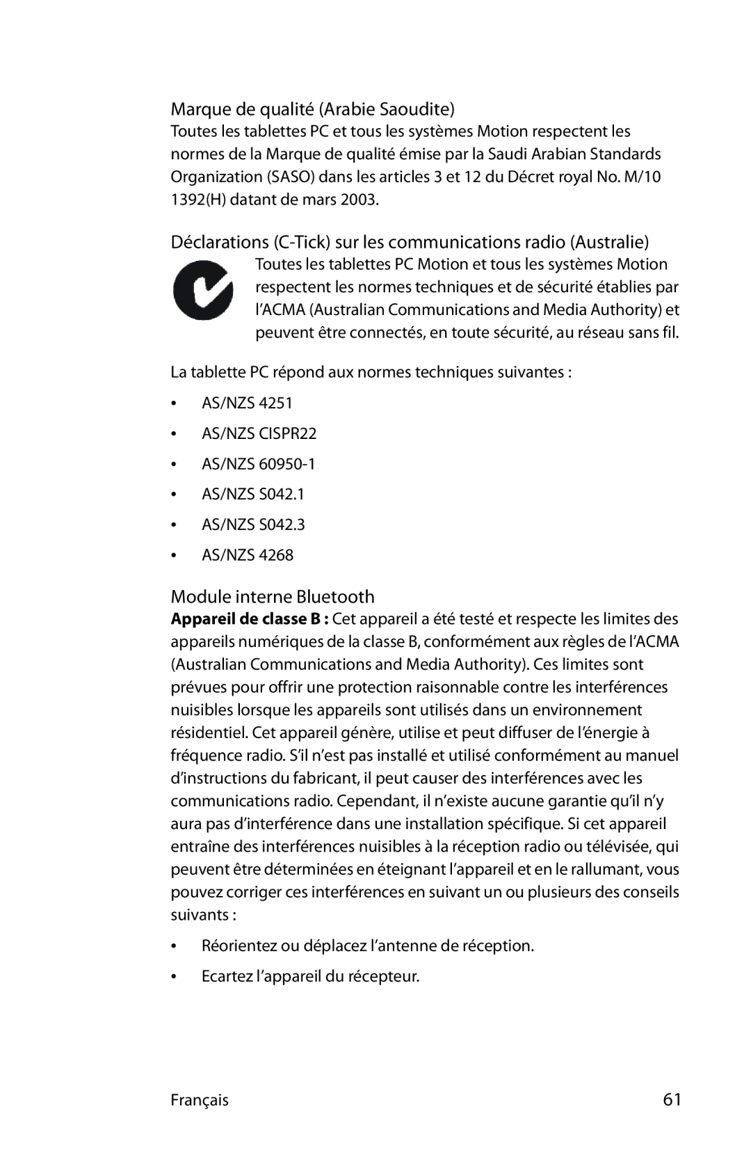 Motion Computing T008 manual Marque de qualité Arabie Saoudite, Déclarations C-Tick sur les communications radio Australie 