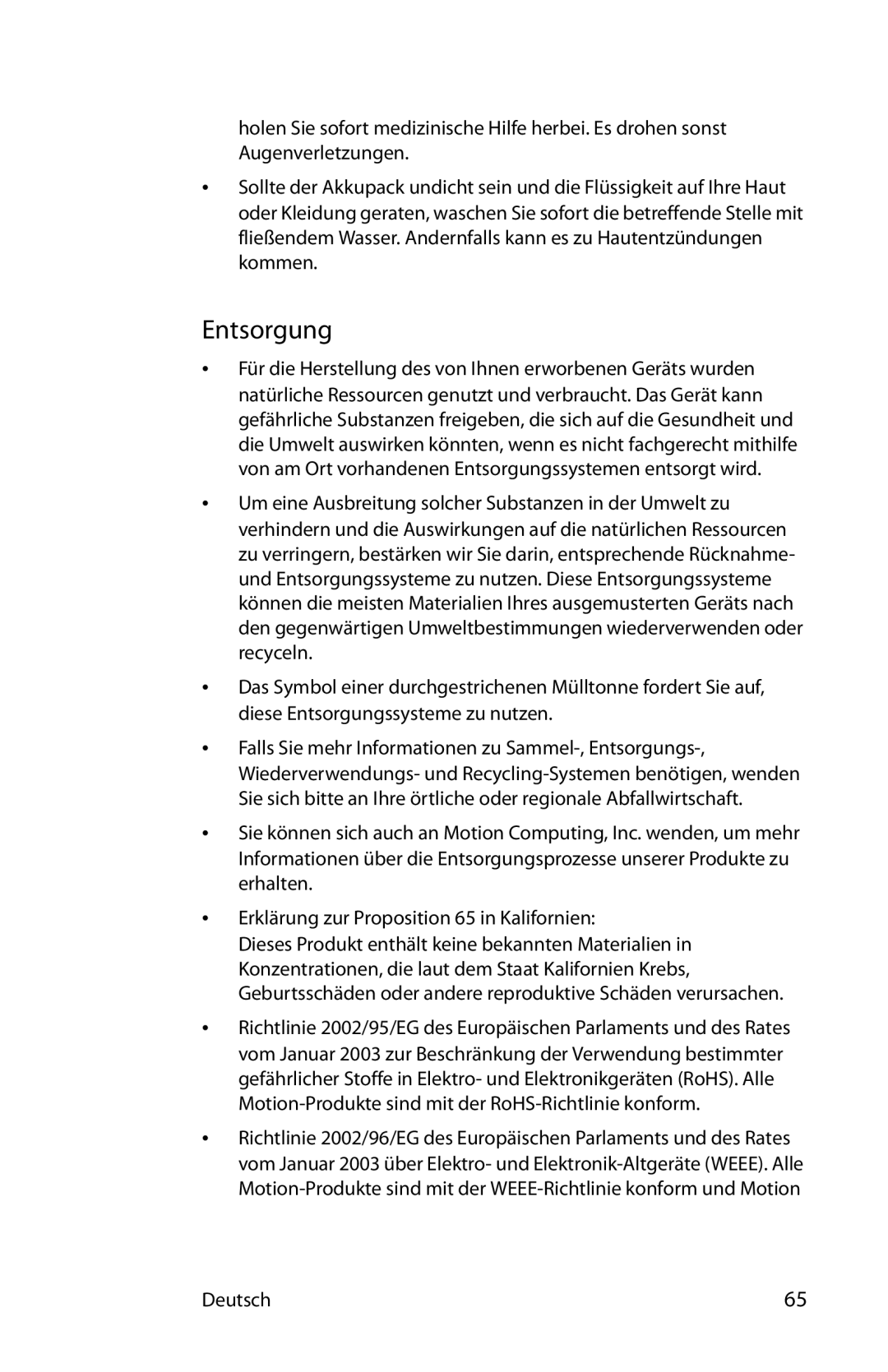 Motion Computing MKB005, MDC001, T008 manual Entsorgung 