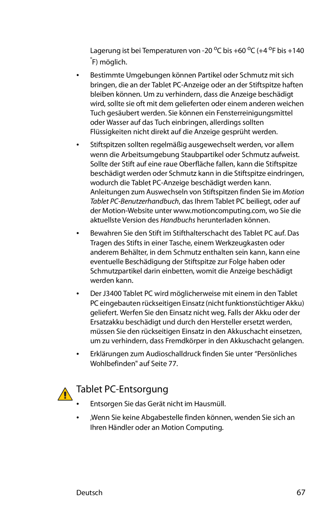 Motion Computing T008, MKB005, MDC001 manual Tablet PC-Entsorgung 