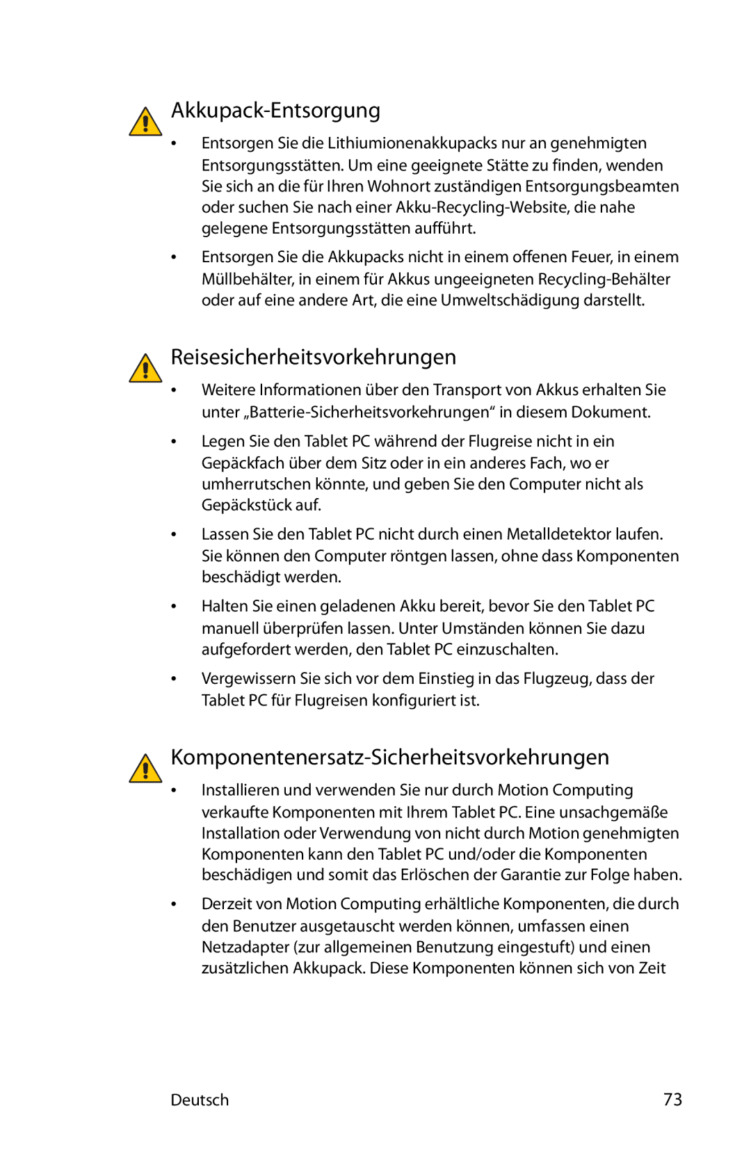 Motion Computing T008, MKB005 Akkupack-Entsorgung, Reisesicherheitsvorkehrungen, Komponentenersatz-Sicherheitsvorkehrungen 