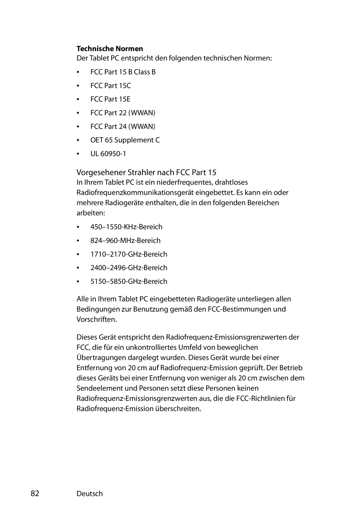 Motion Computing T008, MKB005, MDC001 manual Vorgesehener Strahler nach FCC Part, Technische Normen 