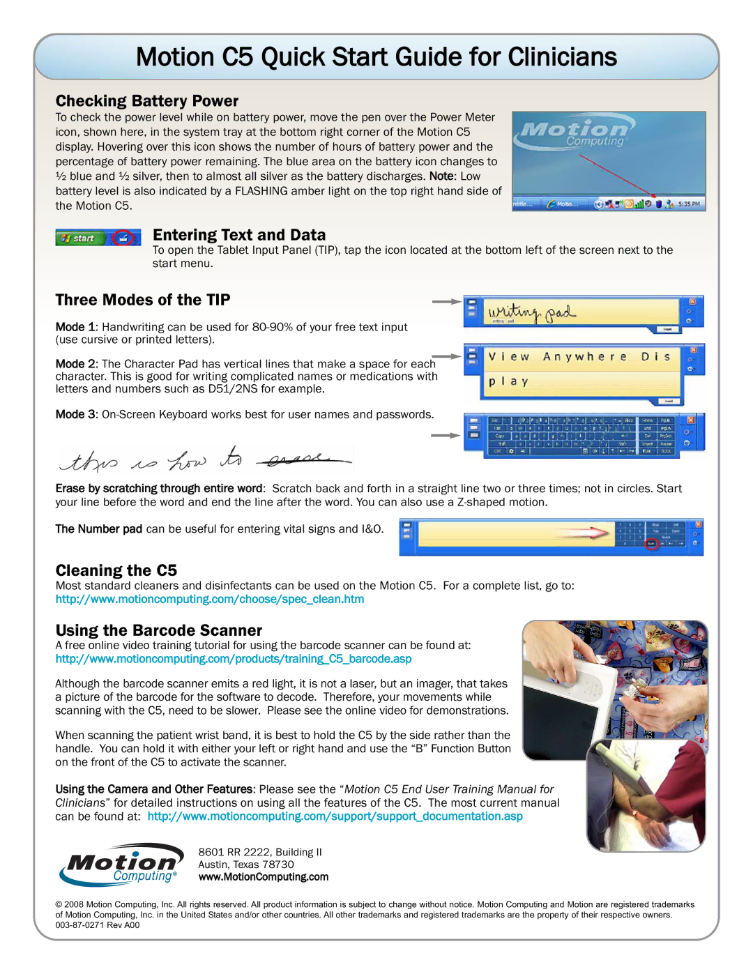 Motion Computing Motion C5 manual Checking Battery Power, Entering Text and Data, Three Modes of the TIP 