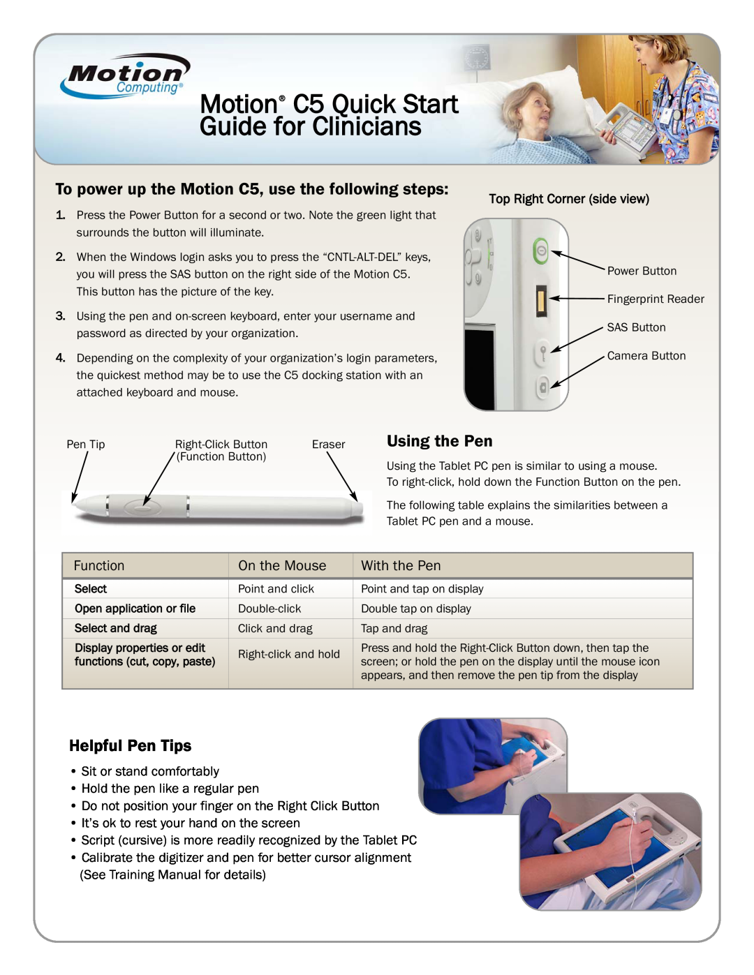 Motion Computing manual Motion C5 Quick Start Guide for Clinicians, To power up the Motion C5, use the following steps 