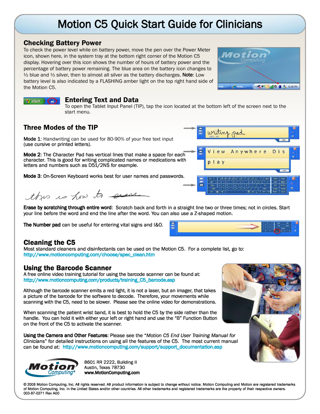 Motion Computing Motion C5 manual Checking Battery Power, Entering Text and Data, Three Modes of the TIP, Cleaning the C5 