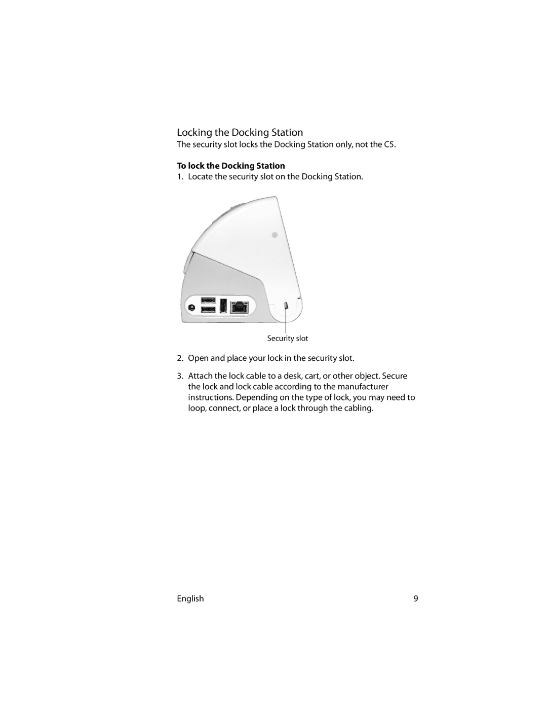 Motion Computing MotionTM C5 manual Locking the Docking Station, To lock the Docking Station 