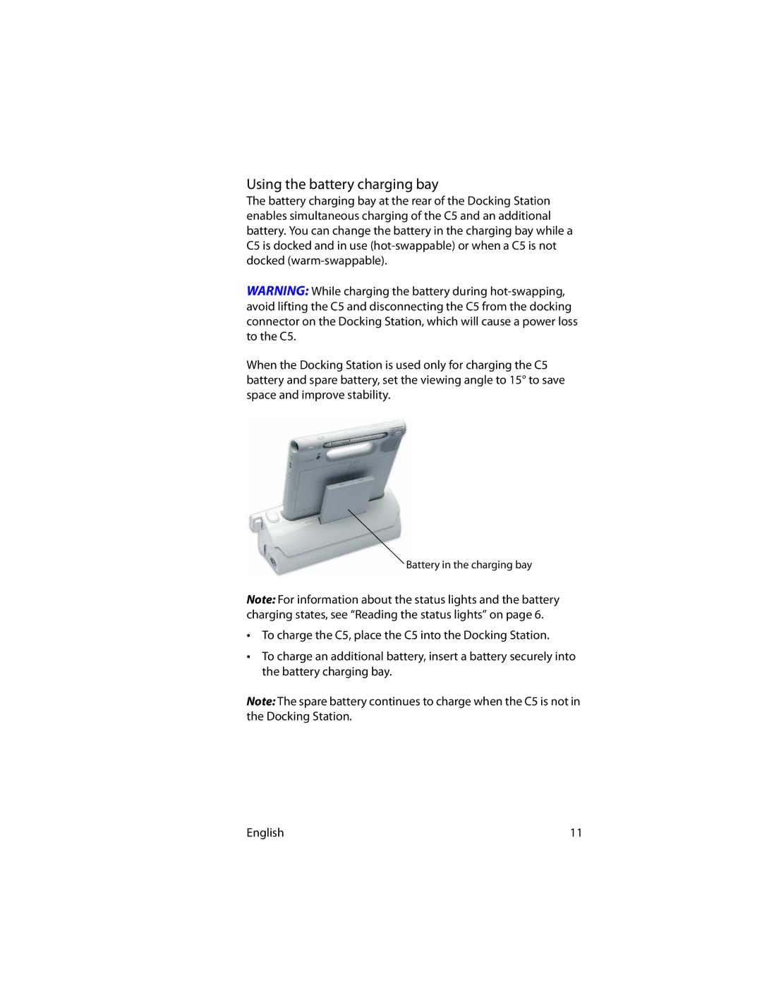 Motion Computing MotionTM C5 manual Using the battery charging bay 