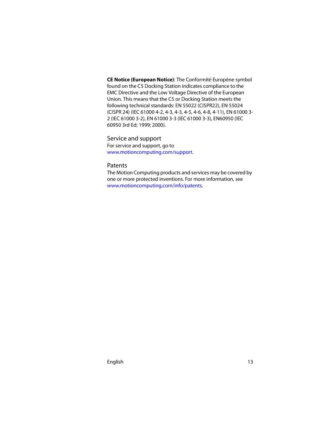 Motion Computing MotionTM C5 manual Service and support, Patents 