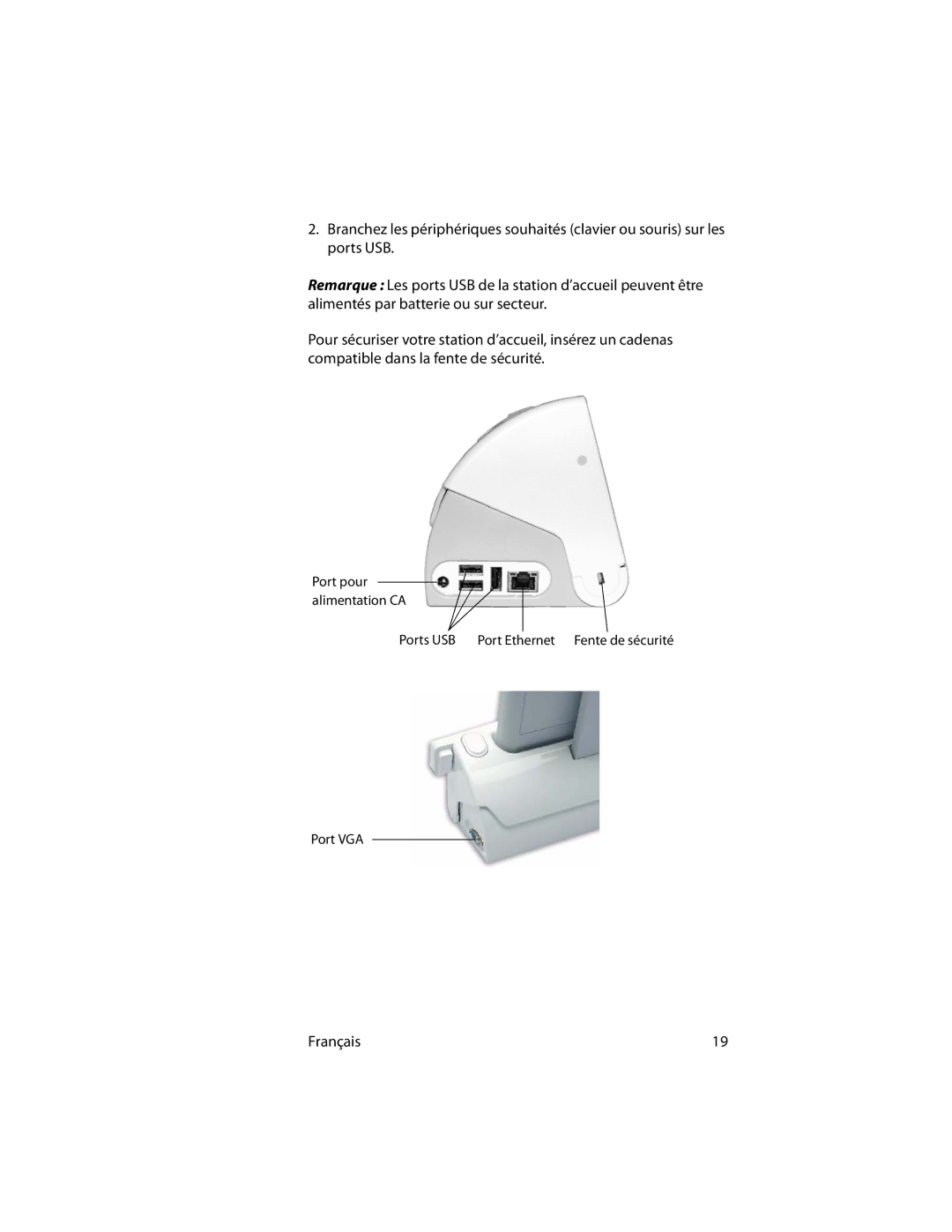 Motion Computing MotionTM C5 manual Ports USB Port Ethernet Fente de sécurité Port VGA 