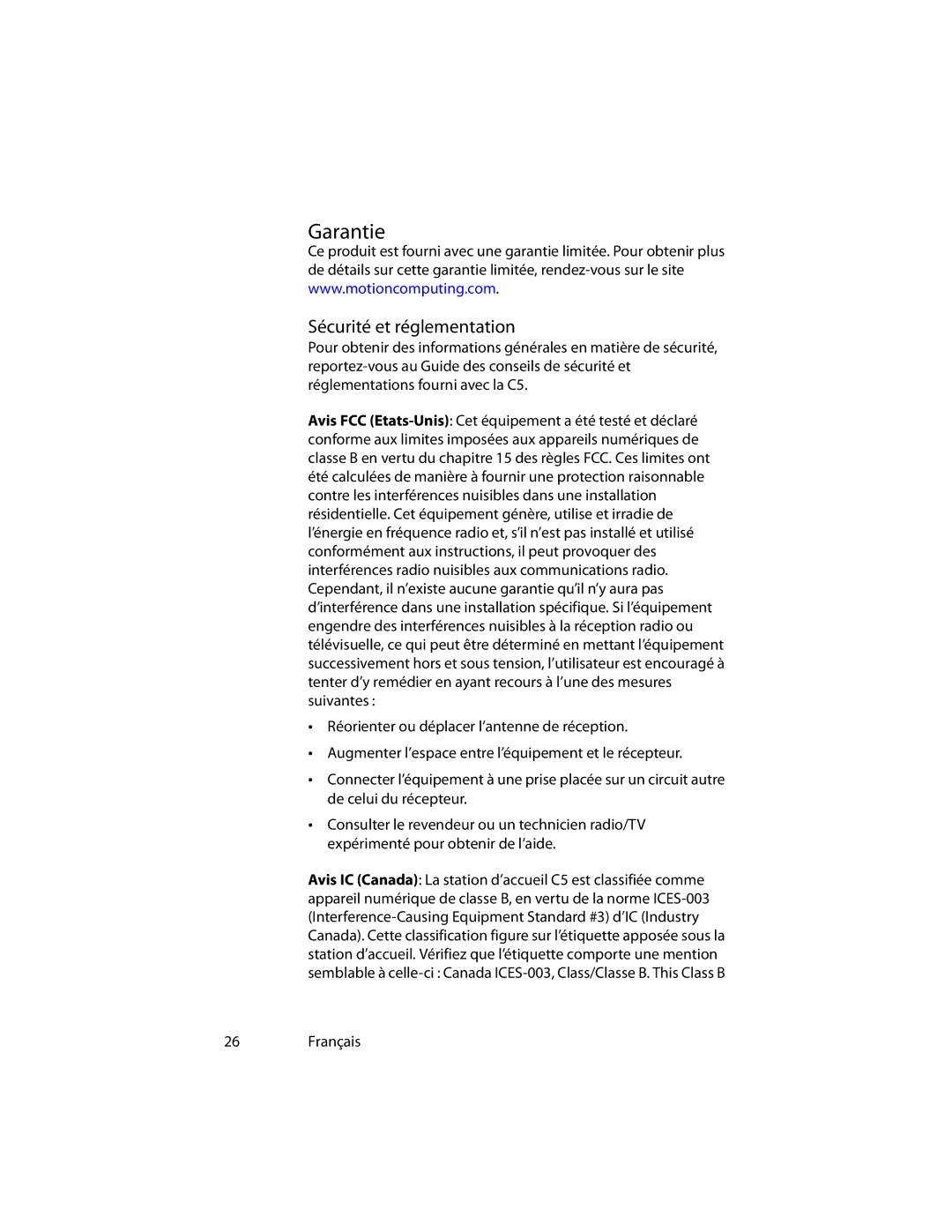 Motion Computing MotionTM C5 manual Garantie, Sécurité et réglementation 