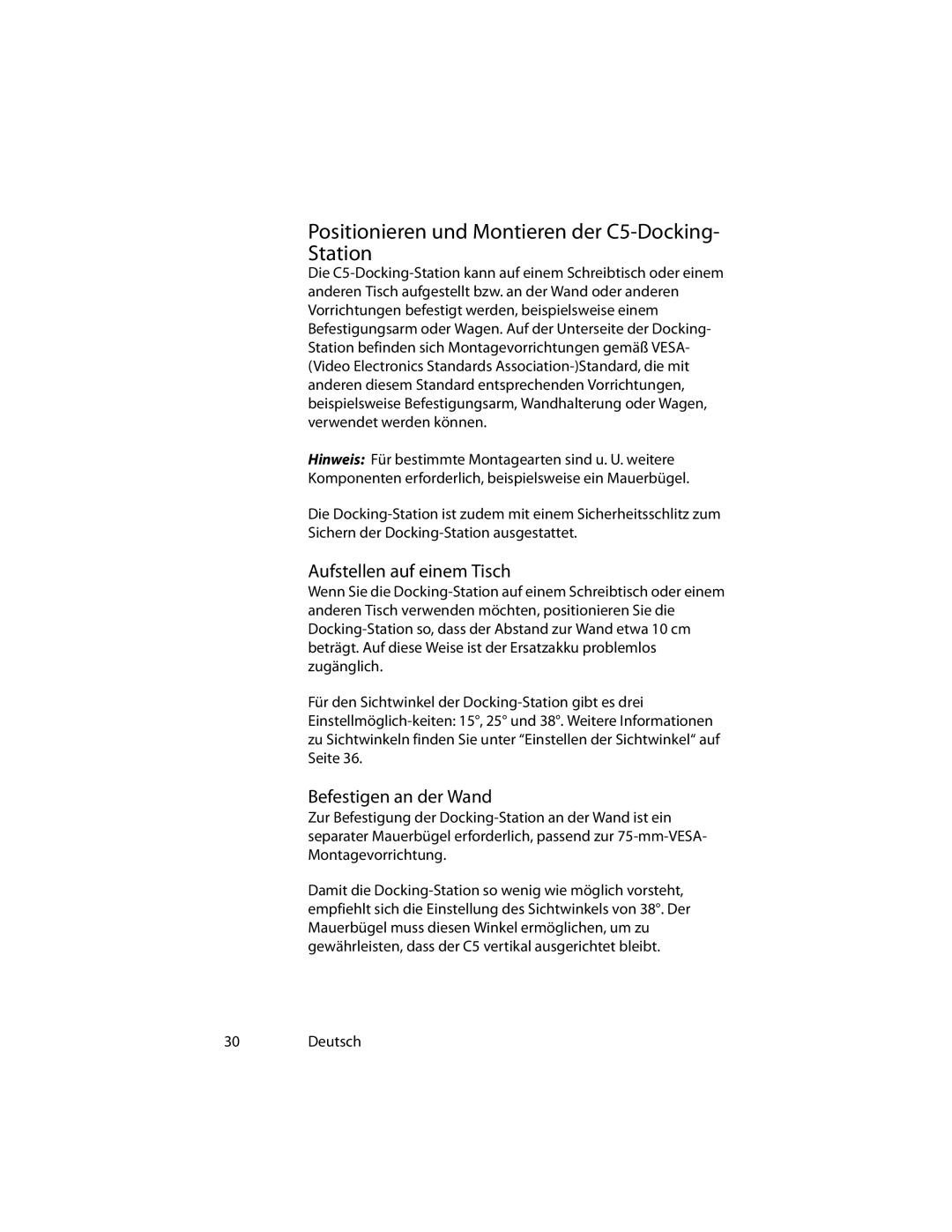 Motion Computing MotionTM C5 manual Positionieren und Montieren der C5-Docking- Station, Aufstellen auf einem Tisch 