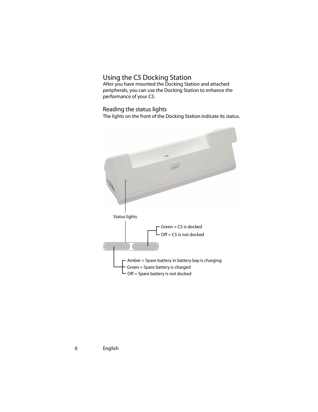 Motion Computing MotionTM C5 manual Using the C5 Docking Station, Reading the status lights 