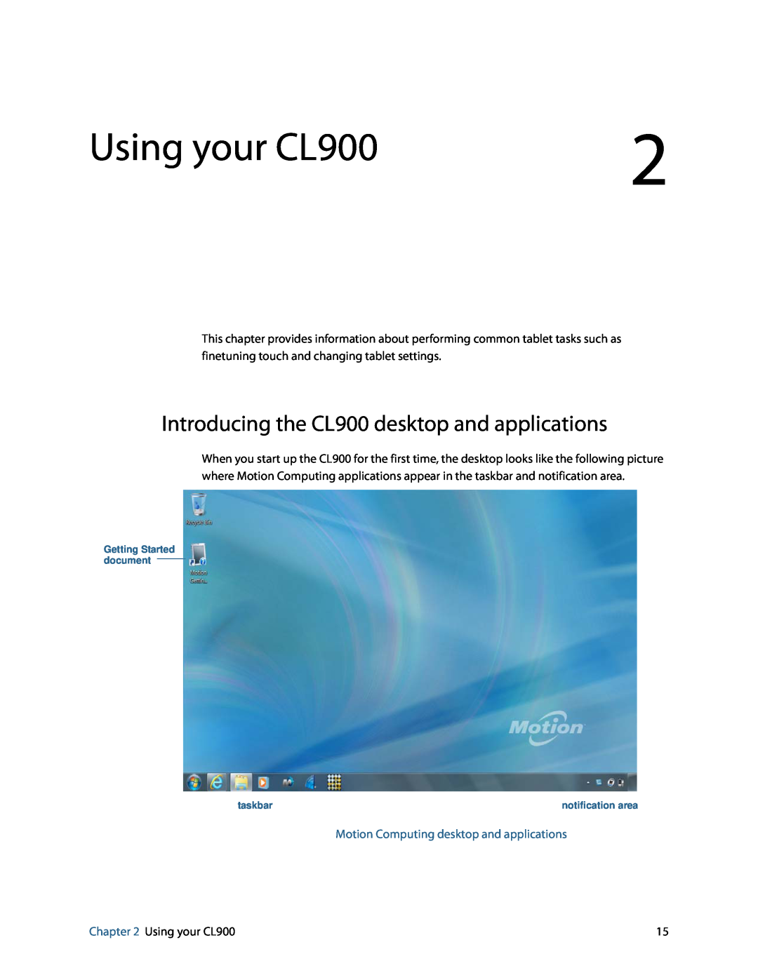 Motion FWS-001 Using your CL900, Introducing the CL900 desktop and applications, Motion Computing desktop and applications 