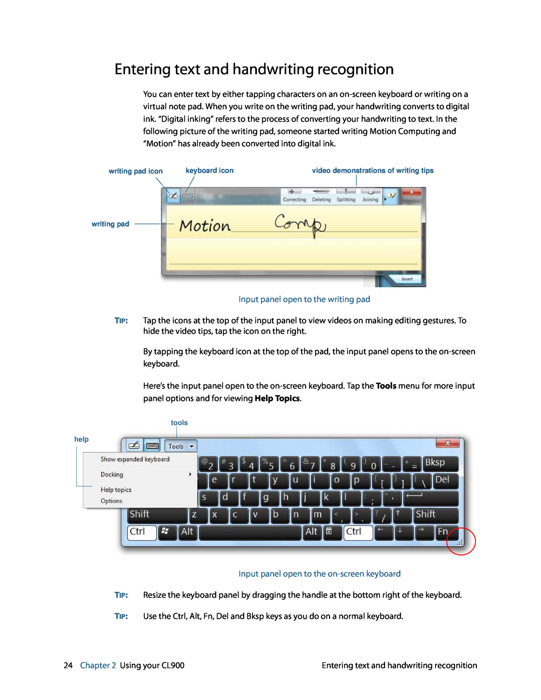 Motion FWS-001 manual Entering text and handwriting recognition, Input panel open to the writing pad 