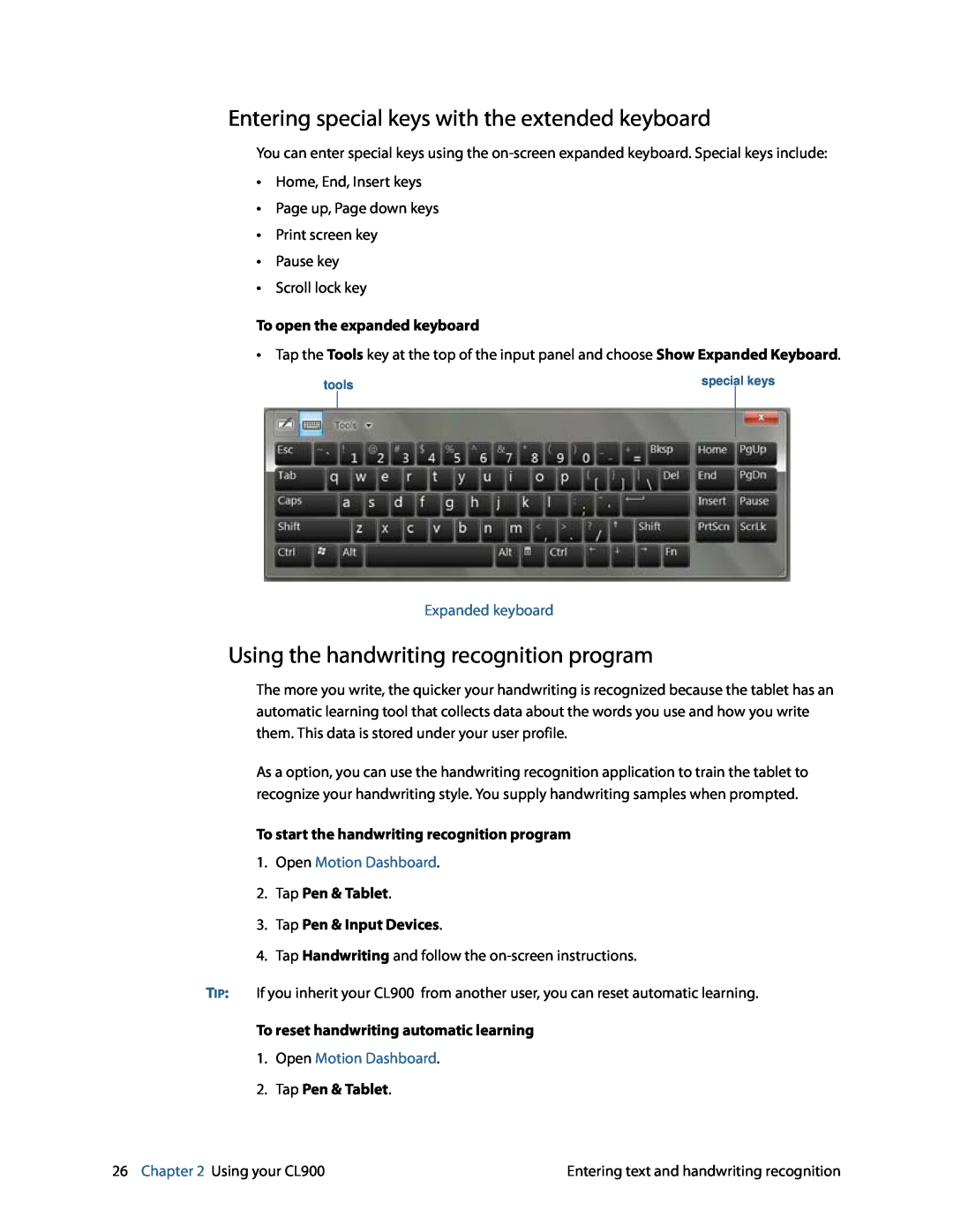 Motion FWS-001 manual Entering special keys with the extended keyboard, Using the handwriting recognition program 
