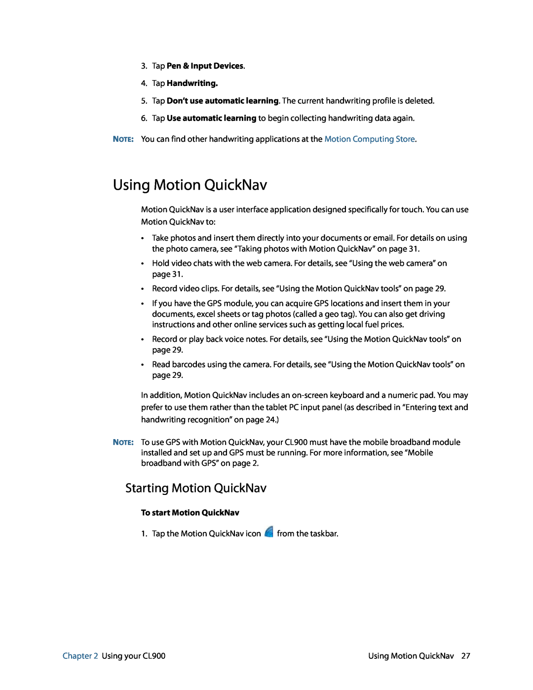 Motion FWS-001 manual Using Motion QuickNav, Starting Motion QuickNav, Tap Pen & Input Devices 4. Tap Handwriting 